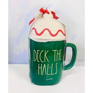 Rae Dunn DECK THE HALLS Green Christmas‎ Mug/Cup White/Red topper  Ceramic